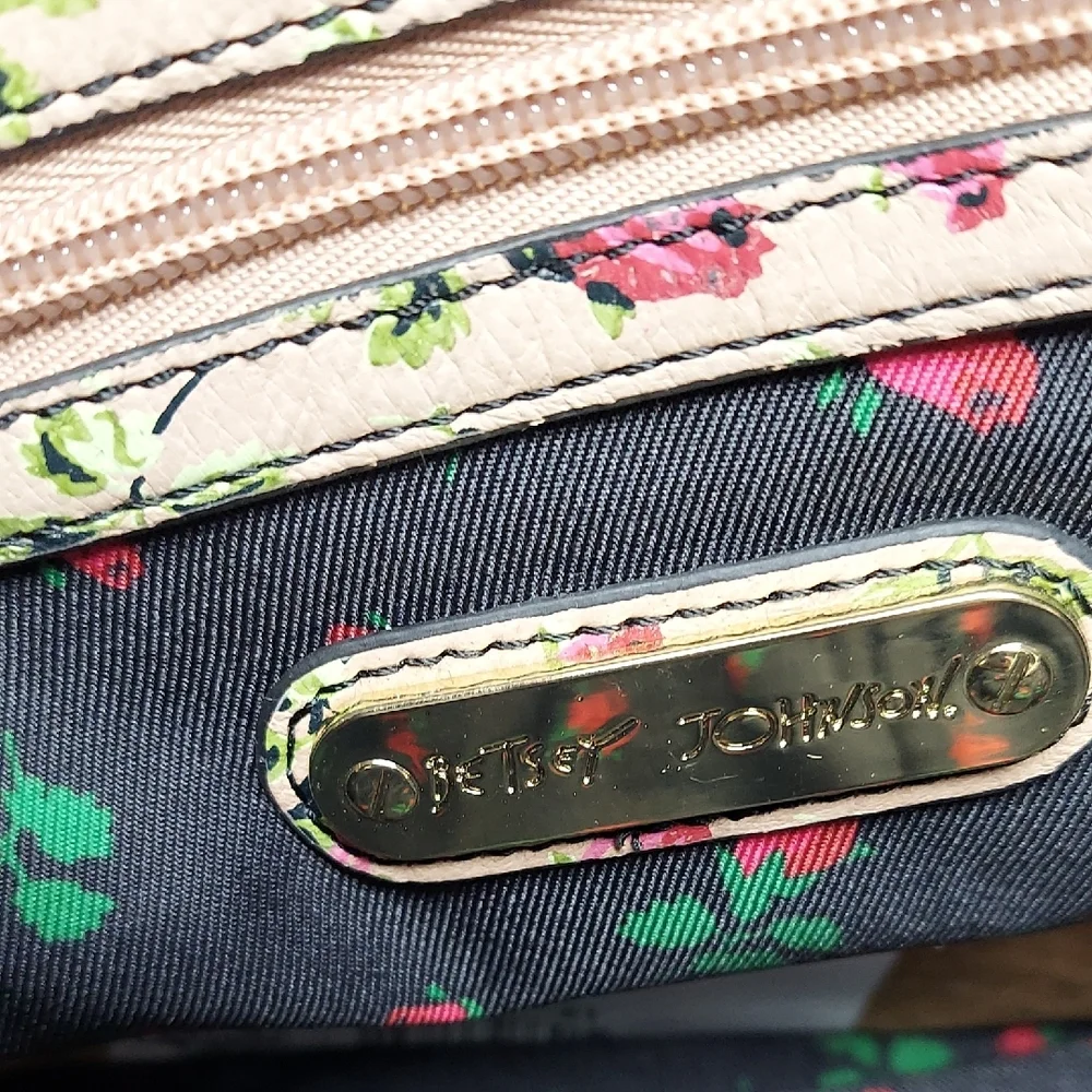 Betsey Johnson Beige Floral Tote with Pink Roses and Green Leaves